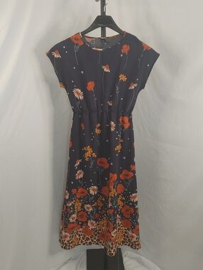 Emery Rose Floral Midi Dress Medium Navy Orange Cap Sleeve Elastic Waist Pockets